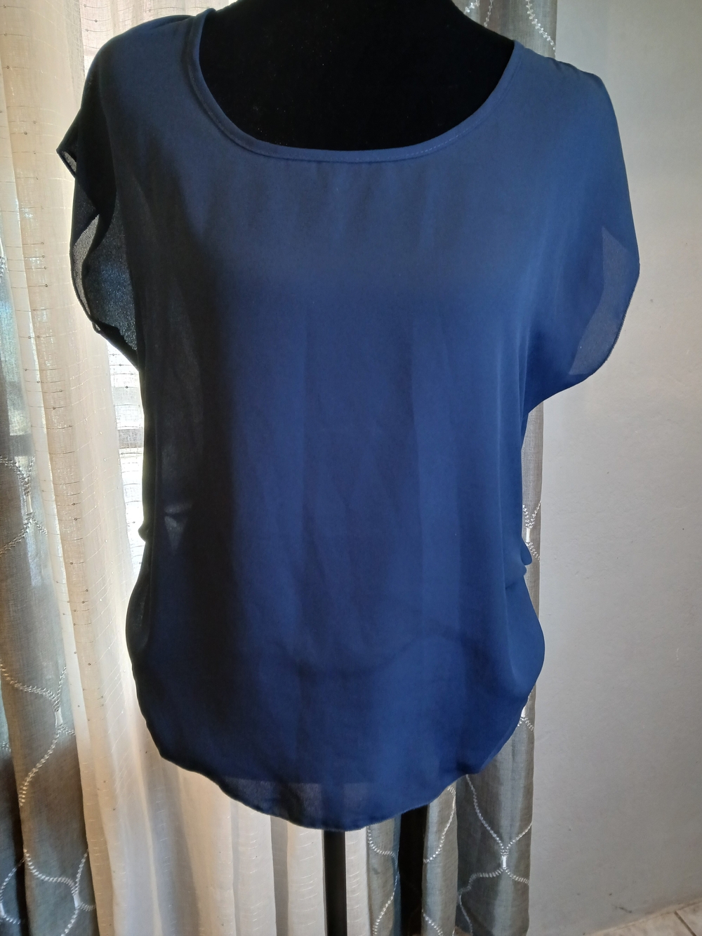 mine Navy Blue Chiffon Short-Sleeve Blouse